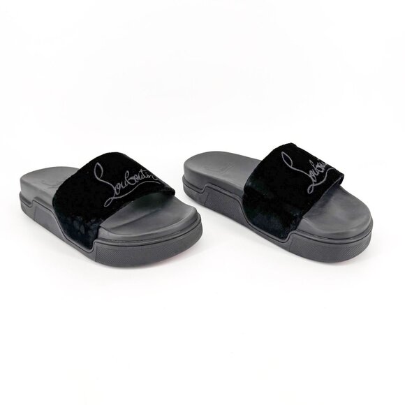 Christian Louboutin 'Navy Pool' Slide Sandals Size 37 US 7 Black Velvet Logo 35 - Picture 1 of 12